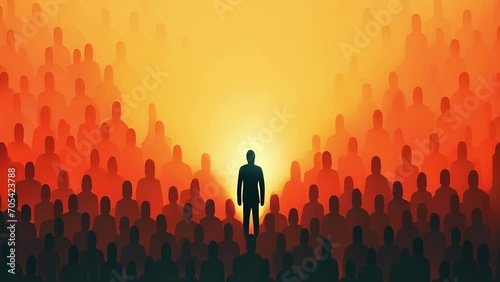 A person with social anxiety a spotlight shining brightly on them in a huge crowd. Psychology art concept. photo
