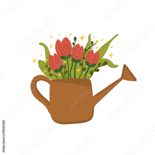 pink flowers in watering pot illustration isolated png