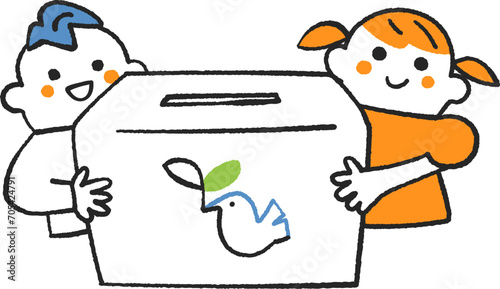 若葉を加えた鳩の絵が描かれた募金箱を持った二人の子供　イラスト素材

