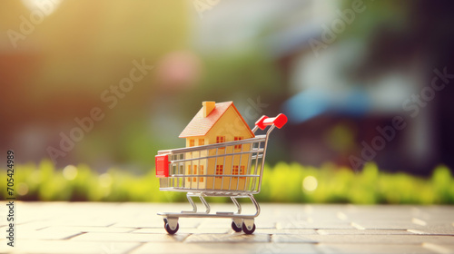 A miniature house model sits inside a small shopping cart, symbolizing real estate and property investment, against an outdoor backdrop.