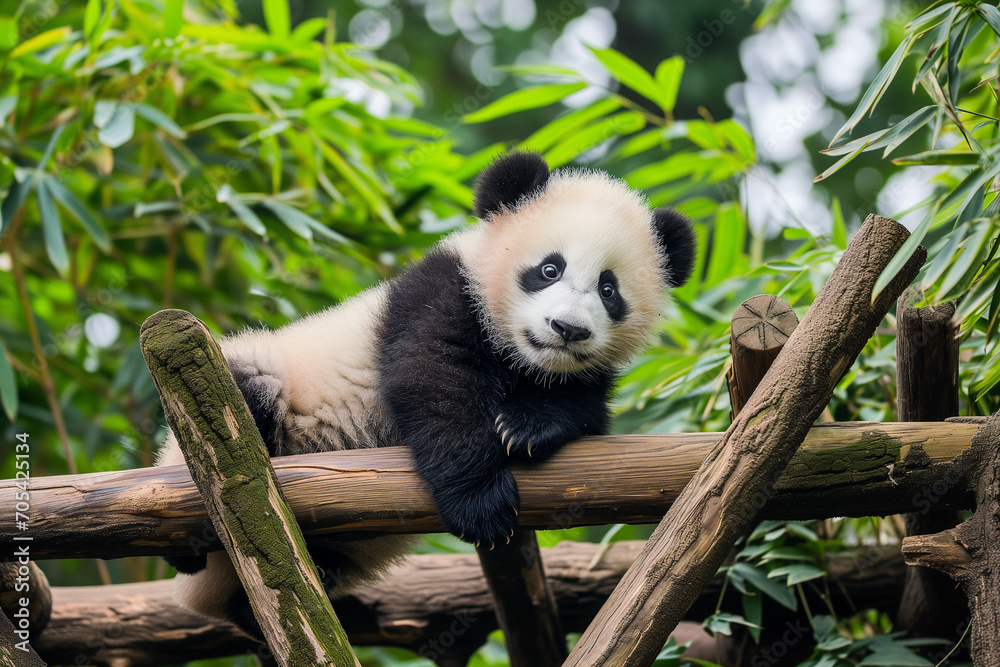Fototapeta premium A young panda cub with striking black and white fur looks curiously at the camera while resting on a wooden structure surrounded by lush green bamboo.