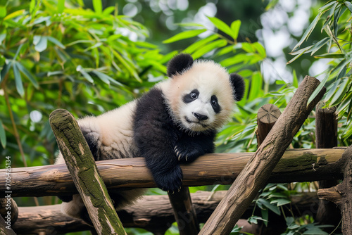 A young panda cub with striking black and white fur looks curiously at the camera while resting on a wooden structure surrounded by lush green bamboo.