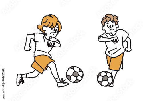 サッカーをしている男女の手書きイラスト
