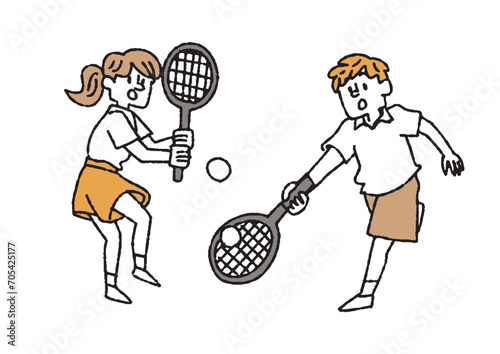 テニスをしている男女の手書きイラスト