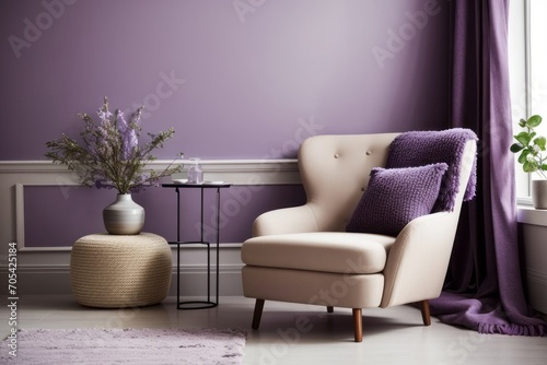 Farmhouse interior home design of modern living room with beige wing chairs and purple pillows in a purple walled room with copy space