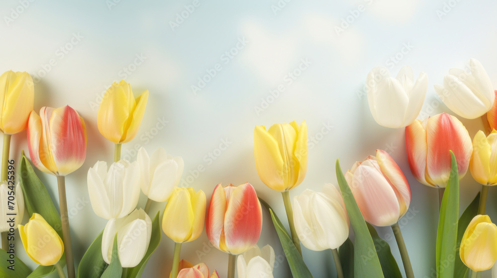 A variety of tulips with soft white, yellow, and pink petals, exuding a soft glow against a heavenly, ethereal background.