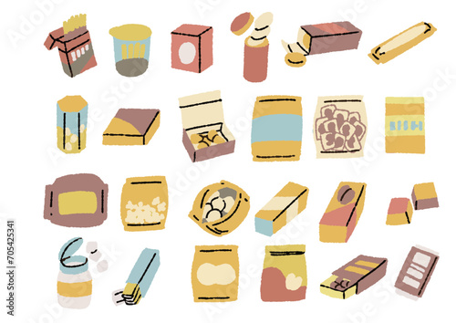さまざまなスナック菓子のパッケージのイラストセット