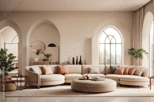 Interior home design of modern living room with beige sofa and round table at the arched window © Basileus