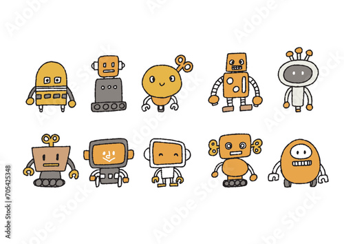 さまざまな形のロボットの手書きイラストセット