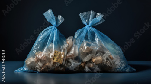 Two transparent plastic bags tied with blue ribbons, filled with natural cork stoppers against a dark background. photo