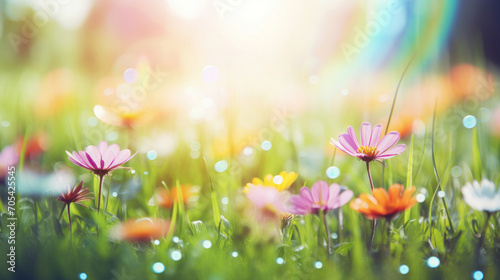 A sun-drenched field of multicolored wildflowers with dew drops sparkling in the morning light  symbolizing fresh beginnings.