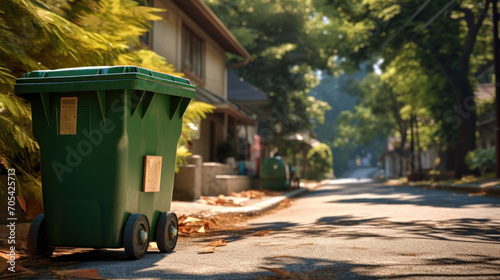 A green garbage bin on a quiet suburban street lined with trees, signifying cleanliness and urban planning. photo