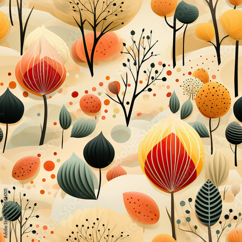 Harmony of Autumn A beautiful blend of autumn leaves and flowers, light color botanical coloring,Seamless Pattern Images