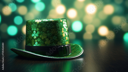 A glittering green leprechaun hat decorated with clovers captures the spirit of St. Patrick's Day against a bokeh of lights.