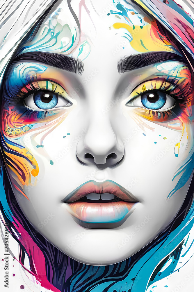 Geometric Woman in Vibrant Colors, with a headphone, Abstract Head with Shapes, Colorful Circles and Triangles Portrait, Modern Artistic Female Portrait, Mosaic of Shapes Woman's Head