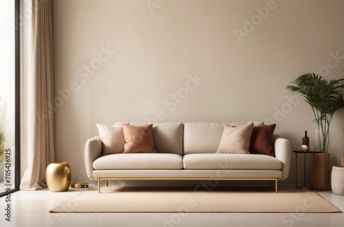 Interior home design of modern living room with beige sofa and empty wall with copy space