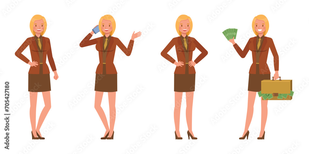 Set of working woman wear orange suit character vector design. Presentation in various action. Businesswoman working in office planning, thinking and economic analysis on isolated white background.