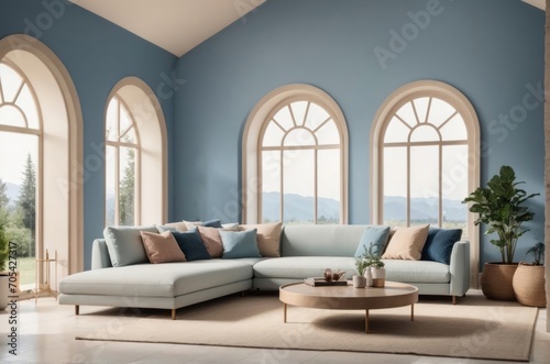 Interior home design of modern living room with beige sofa and blue pillows with blue walls, arched window with forest views