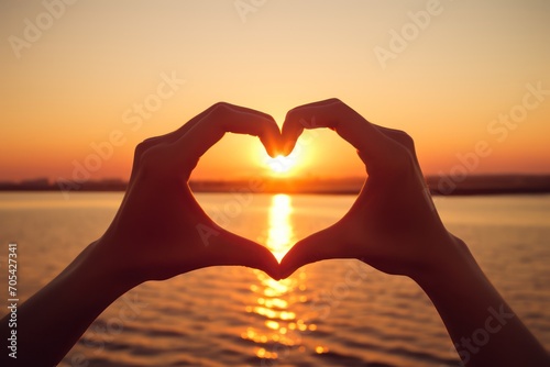 Hands in shape of love heart with sunset background