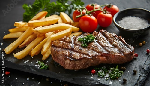 Freshly grilled steak with French Fries, parsley and tomatoes