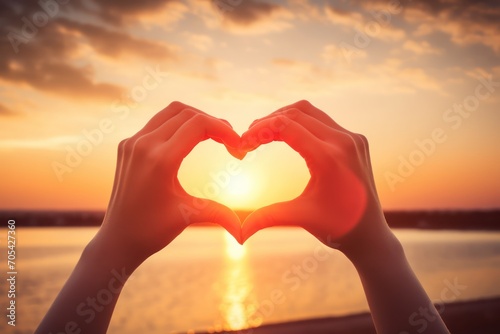 Hands in shape of love heart with sunset background