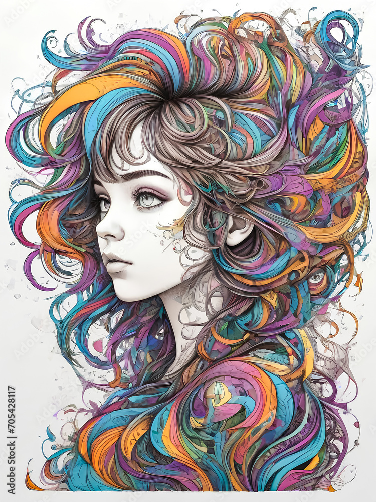 Obraz premium Geometric Woman in Vibrant Colors, with a headphone, Abstract Head with Shapes, Colorful Circles and Triangles Portrait, Modern Artistic Female Portrait, Mosaic of Shapes Woman's Head