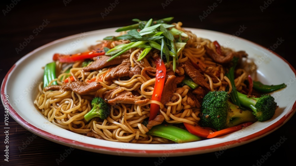 Stir-Fried Noodles with Vegetables on Plate Stir-Fried Noodles with Vegetables on Plate