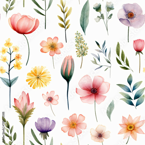 Seamless pattern of Asian flowers, watercolor, Wrapping paper pattern