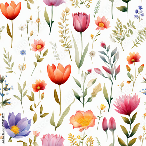 Seamless pattern of Asian flowers, watercolor, Wrapping paper pattern
