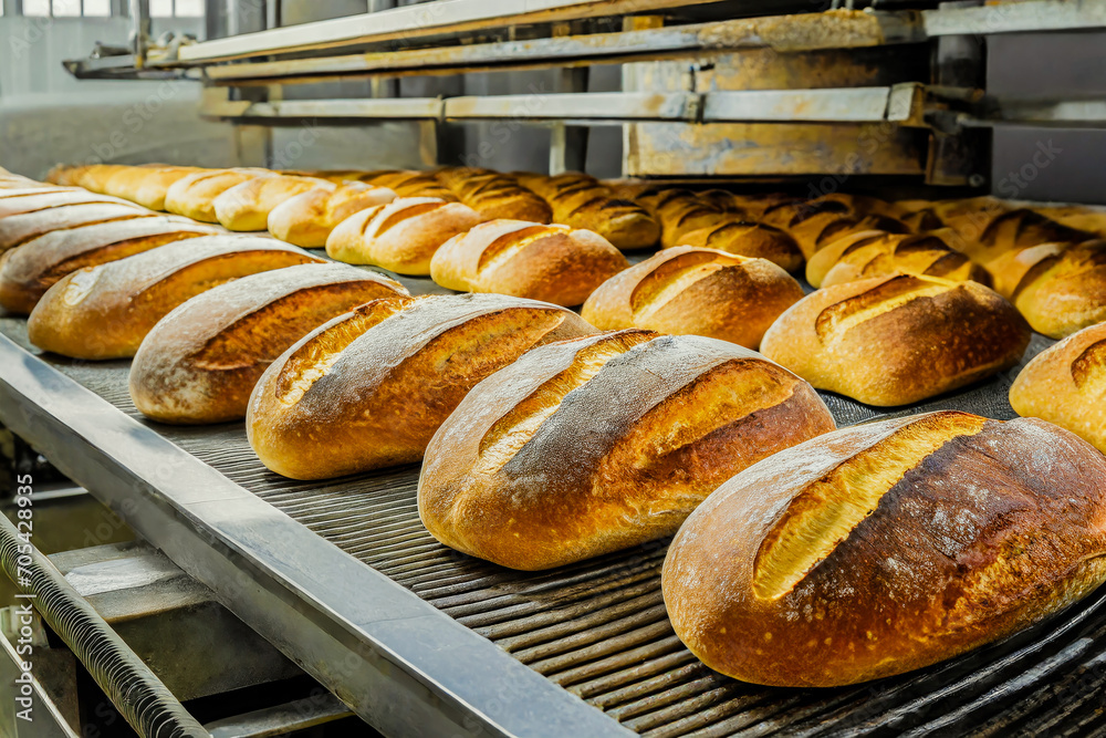 Using an automated conveyor belt oven in bakery, fresh bread can be produced Generation AI