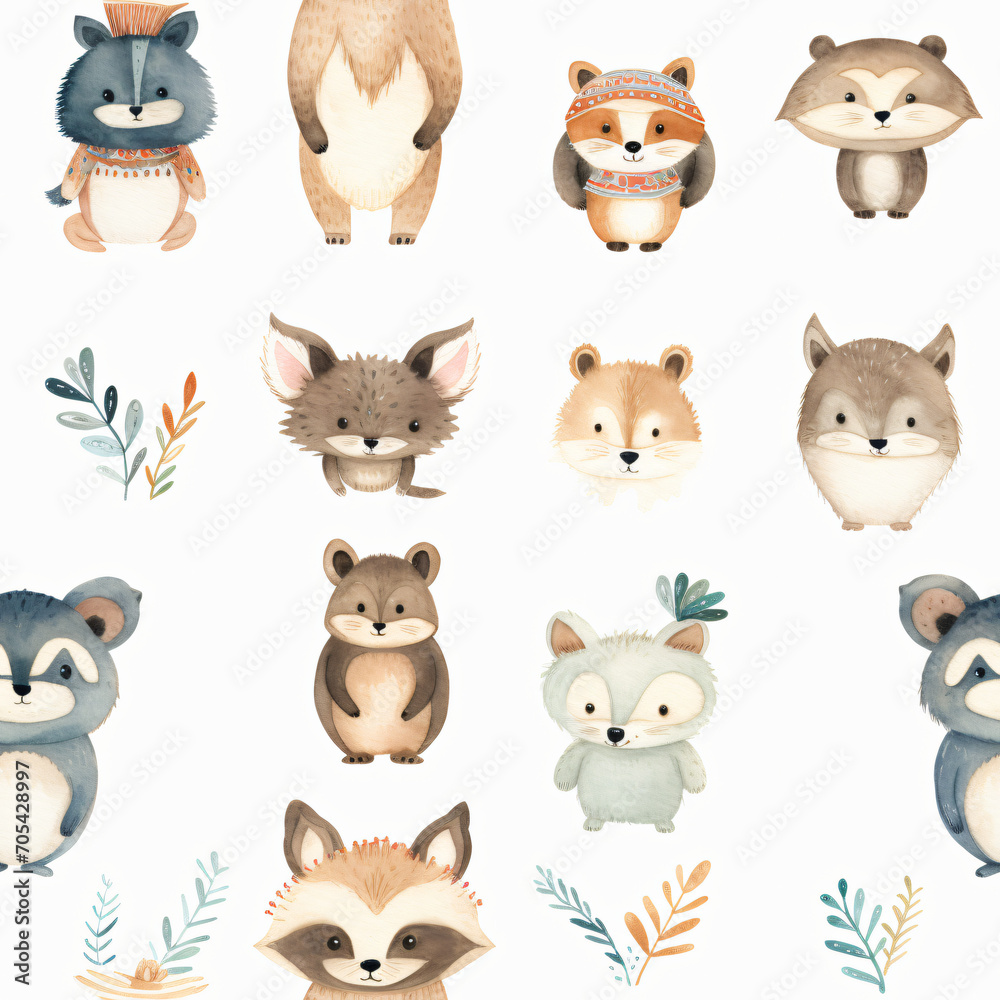 Seamless pattern of cute American Indian with animals, watercolor, Wrapping paper pattern Seamless pattern of cute American Indian with animals, watercolor, Wrapping paper pattern