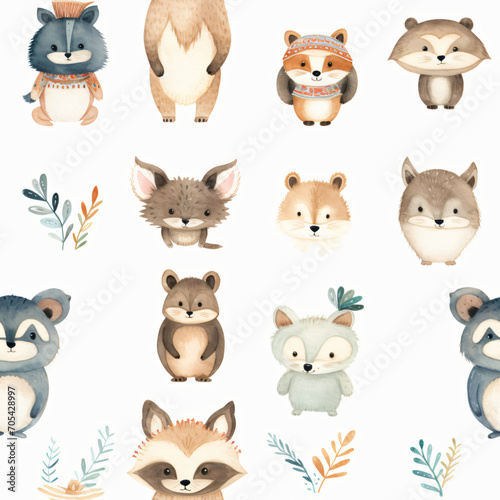 Seamless pattern of cute American Indian with animals  watercolor  Wrapping paper pattern