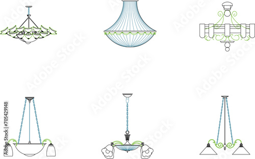 collection of vector sketch illustrations of classic ethnic vintage iron chandelier designs
