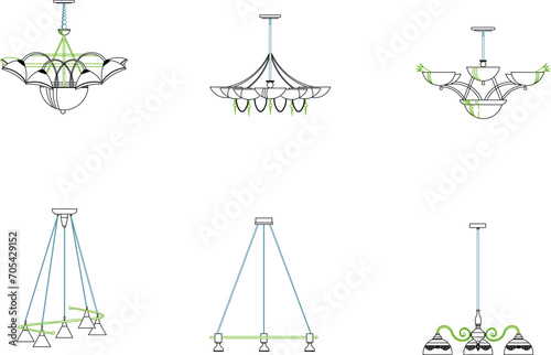 collection of vector sketch illustrations of classic ethnic vintage iron chandelier designs