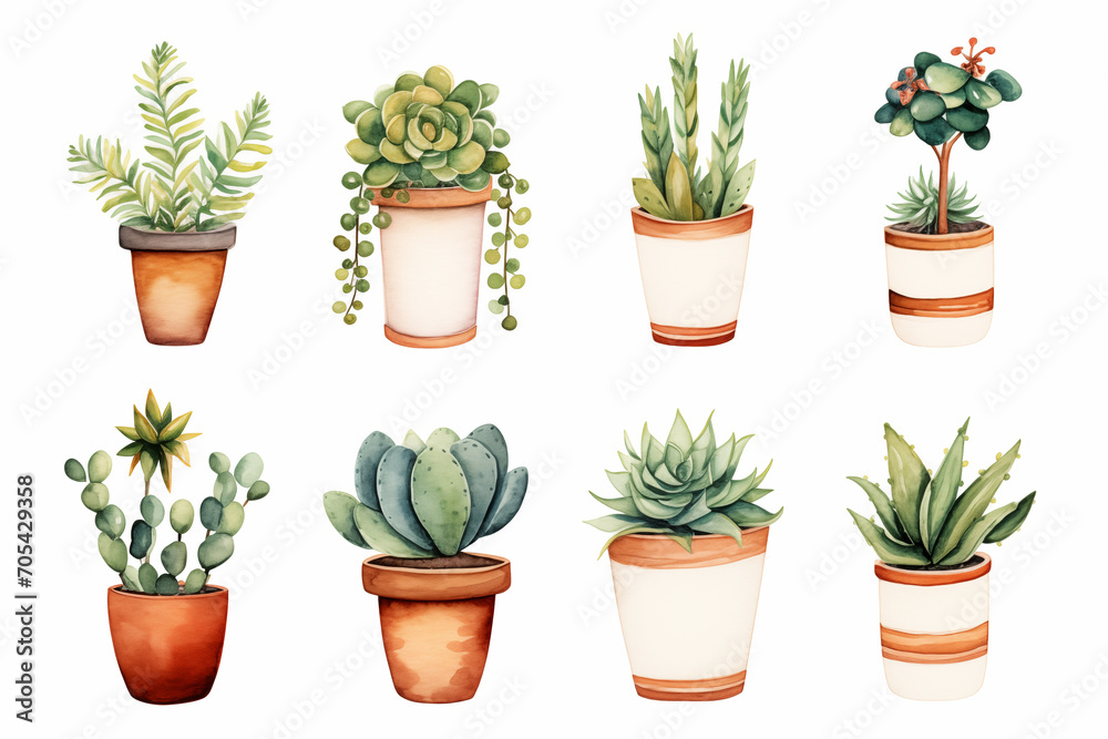 Watercolor from a cute succulent pot plants on white background.