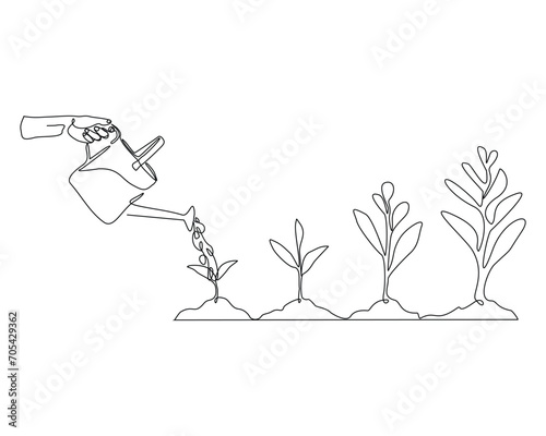 Continuous single line sketch drawing of watering can plant tree seedling growth. One line art of nature agriculture farming economy growing vector illustration