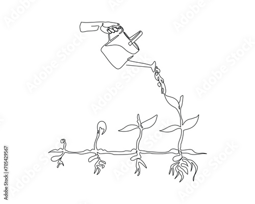 Continuous single line sketch drawing of watering can plant tree seedling growth. One line art of nature agriculture farming economy growing vector illustration