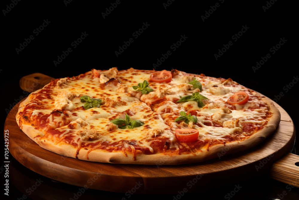 Tasty Pizza Margherita. Ham, Mushroom on Wooden Table