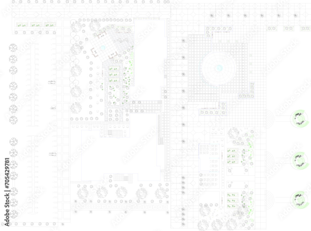 Vector sketch illustration of landscape design for meeting building with open garden
