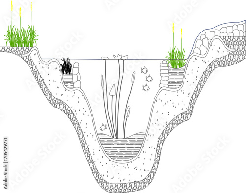 Vector sketch illustration of fish pond design in garden