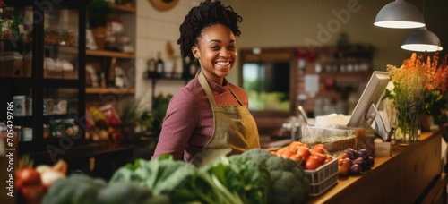 Welcoming scene of a friendly African American woman offering assistance to customers in a lively vegetable shop.