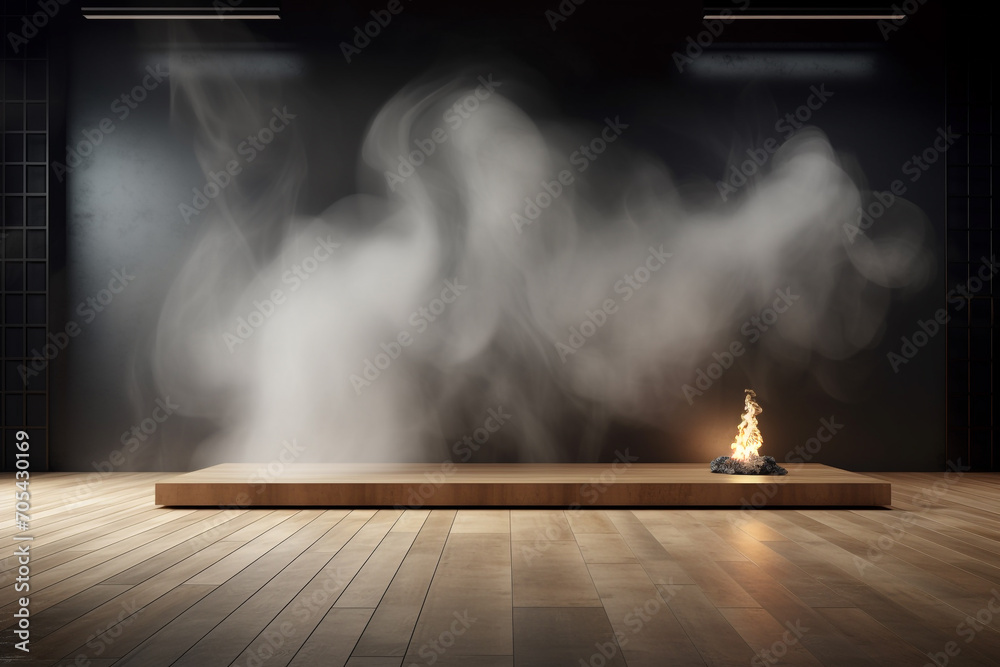 Graphic resources concept. Product placement minimalist podium with fog, smoke or mist in background with copy space