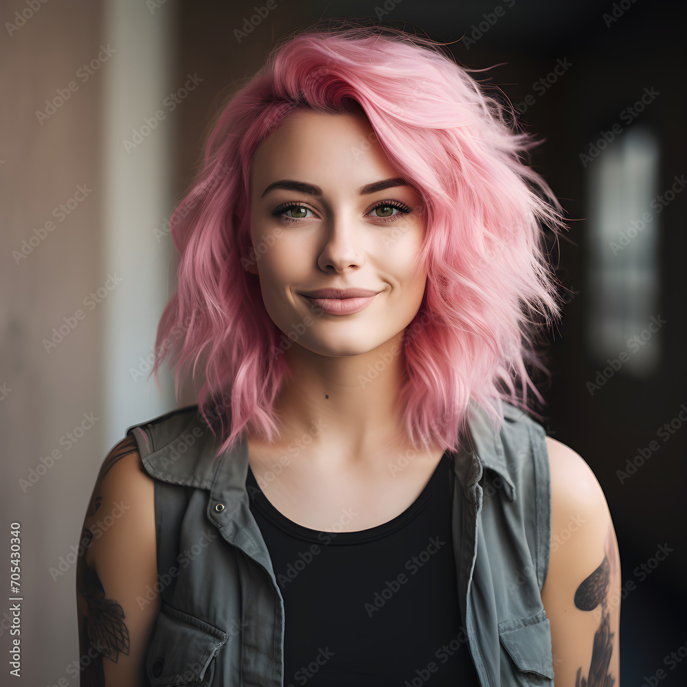 Naklejka premium Girl with pink hair, Pink hair girl smiling, pink hair, pink hair tattoos, girl with tattoos, girl wearing black, 