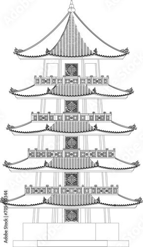 Vector sketch illustration of traditional Chinese ethnic sacred temple building construction design
