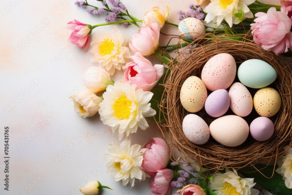 copy space background flat lay with pastel-colored Easter eggs, a basket filled with candy, fresh flowers, bunny figurines, and a light - generative ai copy space background flat lay with pastel-colored Easter eggs, a basket filled with candy, fresh flowers, bunny figurines, and a light - generative ai