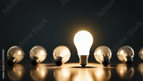 Bright lightbulb amidst dark  symbolizing innovation and creativity in a barren space  with room for imagination