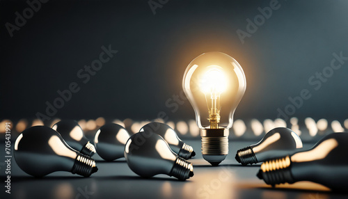 Bright lightbulb amidst dark, symbolizing innovation & creativity in a barren space, with room for imagination photo