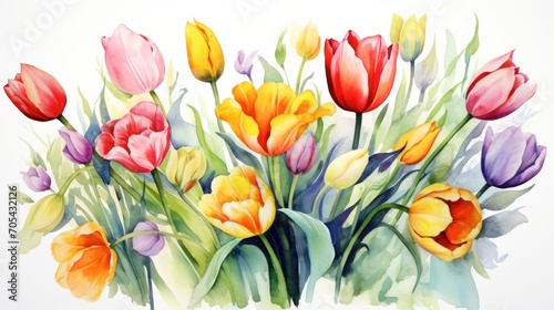 Watercolour colorful Tulipss on white background. Watercolor Bouquet of Flowers greeting card. Postcard template with painted floral elements. Aquarelle Spring and summer romantic illustration