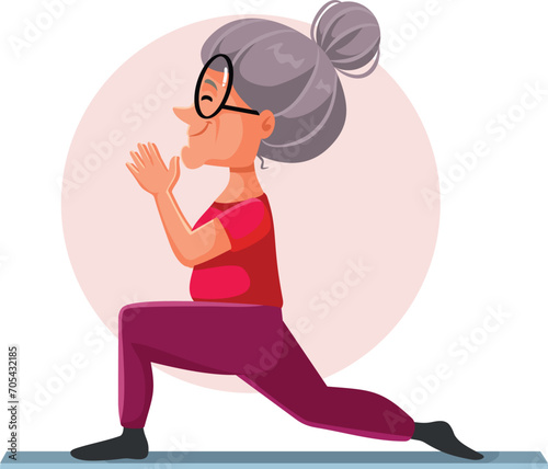 Happy Elderly Woman Yoga Pose Cartoon Illustration. Active senior lady trying to exercise to stay healthy 
