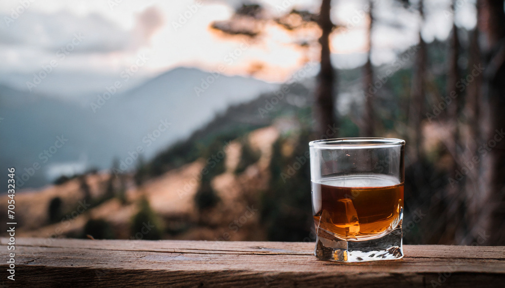 Elegant whiskey glass on rustic wooden surface, evoking warmth and sophistication Elegant whiskey glass on rustic wooden surface, evoking warmth and sophistication